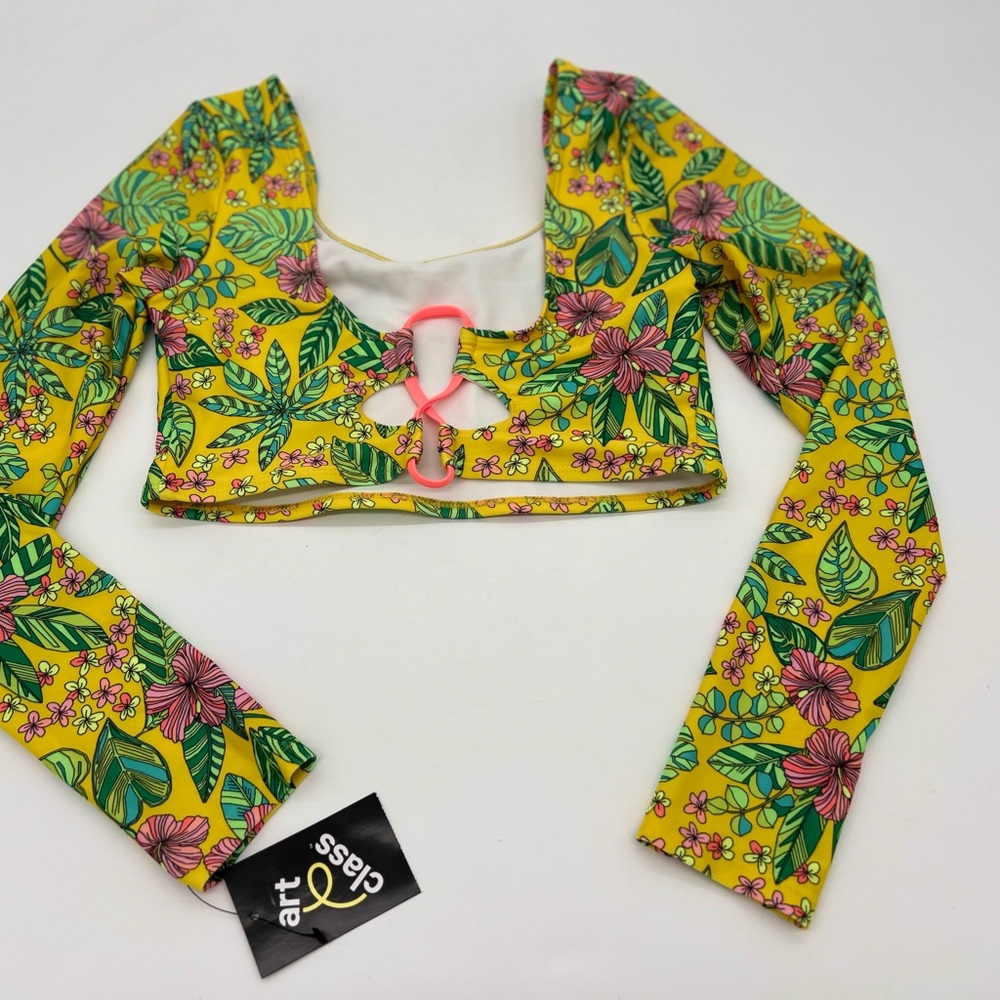 Art Class Girls Yellow Floral Swim Top XL 14